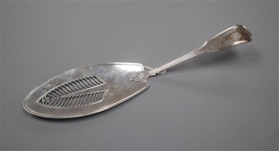 A George III silver fiddle and thread pattern fish slice, London, 1804, 30cm.
